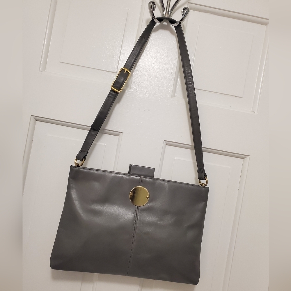 Vintage Ruth E. Saltz Gray Leather Purse Shoulder Bag with Cougar Pull Open